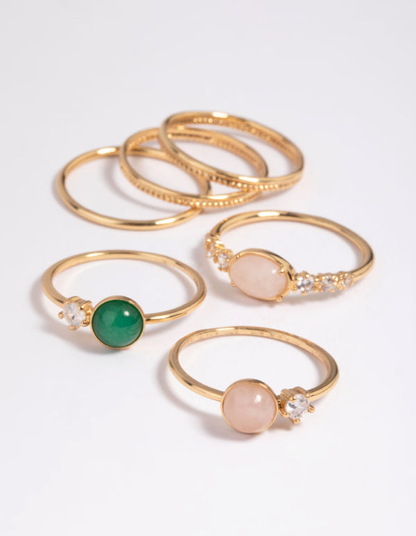 Gold Plated Cubic Zirconia and Semi Precious Stone Ring Stack Pack