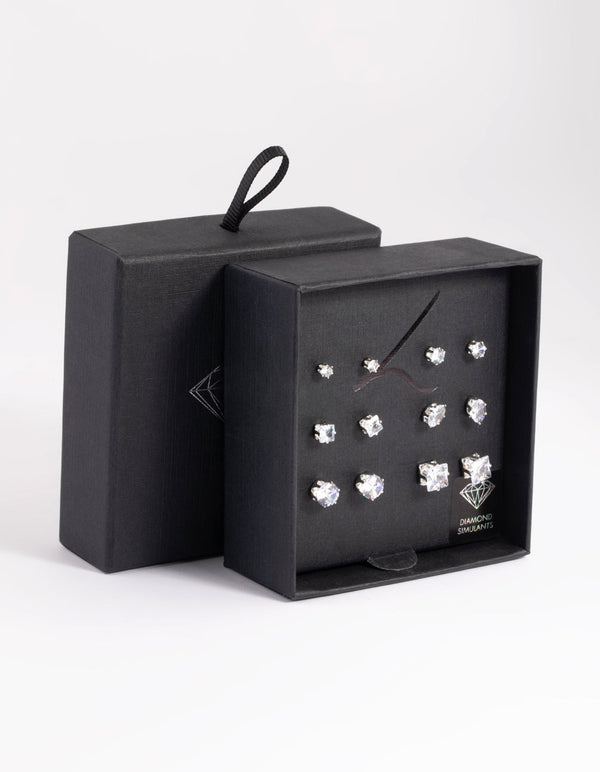 Rhodium Diamond Simulant Stud Earring Pack