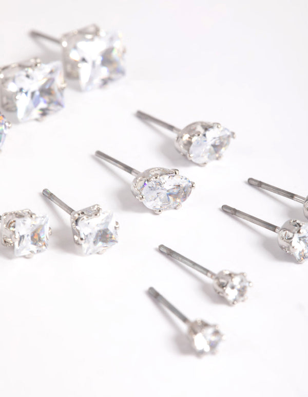 Rhodium Diamond Simulant Stud Earring Pack