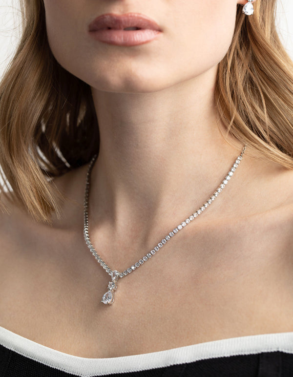 Rhodium Diamond Simulant Necklace and Earrings Set