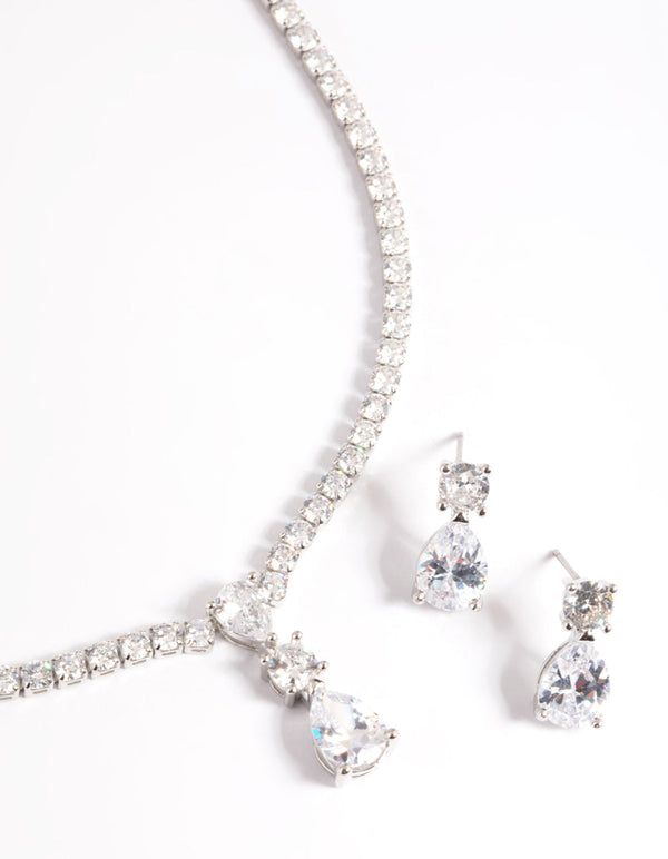 Rhodium Diamond Simulant Necklace and Earrings Set