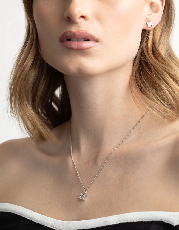 Rhodium Diamond Simulant Square Necklace and Earrings Set