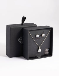 Rhodium Diamond Simulant Square Necklace and Earrings Set - link has visual effect only