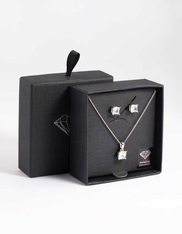 Rhodium Diamond Simulant Square Necklace and Earrings Set