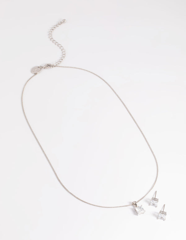 Rhodium Diamond Simulant Square Necklace and Earrings Set