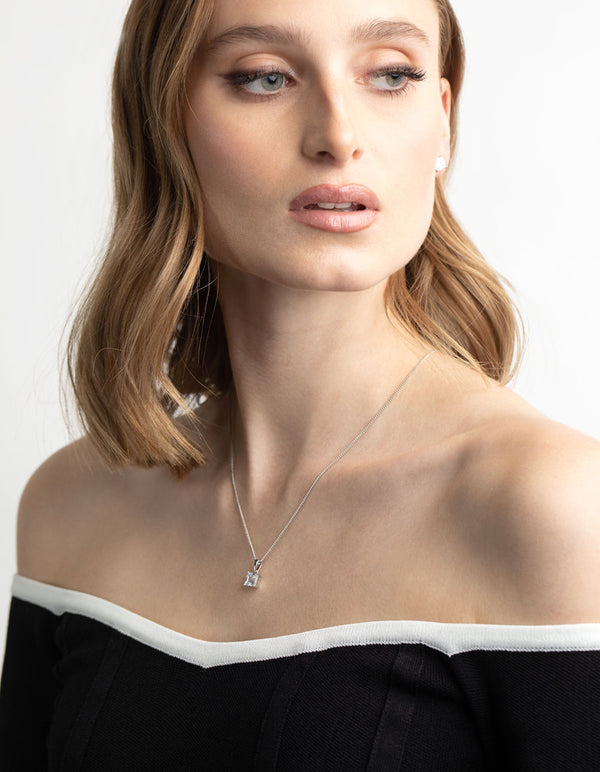 Rhodium Diamond Simulant Square Necklace and Earrings Set