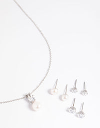 Rhodium Diamond Simulant Freshwater Pearl Necklace and Earrings Set - link has visual effect only