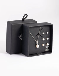 Rhodium Diamond Simulant Freshwater Pearl Necklace and Earrings Set - link has visual effect only