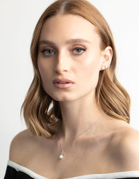 Rhodium Diamond Simulant Freshwater Pearl Necklace and Earrings Set - link has visual effect only