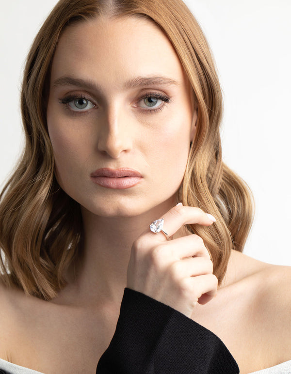 Rhodium Diamond Simulant Teardrop Ring
