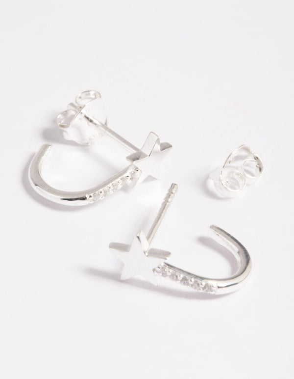 Sterling Silver Cubic Zirconia Star Huggie Hoop Earrings
