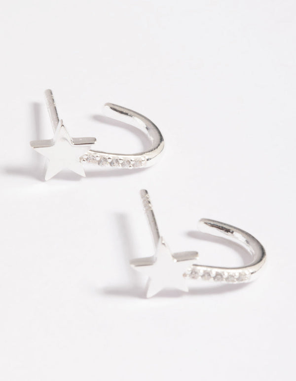 Sterling Silver Cubic Zirconia Star Huggie Hoop Earrings