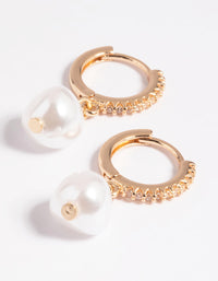 Gold Cubic Zirconia Freshwater Pearl Huggie Hoop Earrings - link has visual effect only