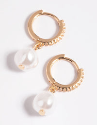 Gold Cubic Zirconia Freshwater Pearl Huggie Hoop Earrings - link has visual effect only