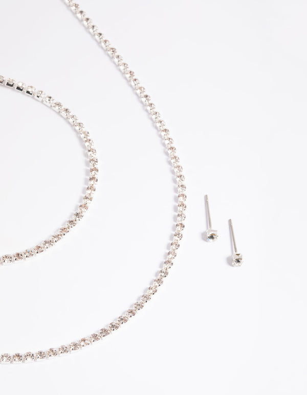 Silver Diamante Necklace Bracelet and Earrings Set