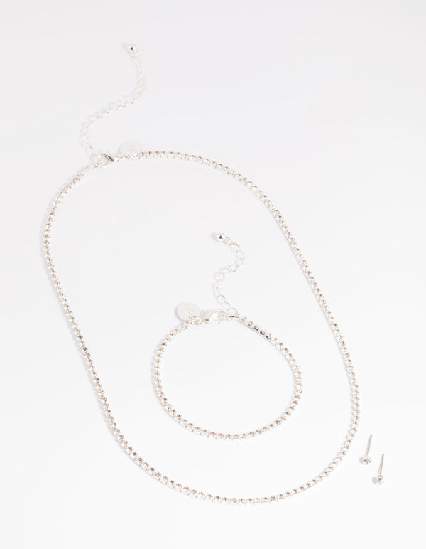 Silver Diamante Necklace Bracelet and Earrings Set