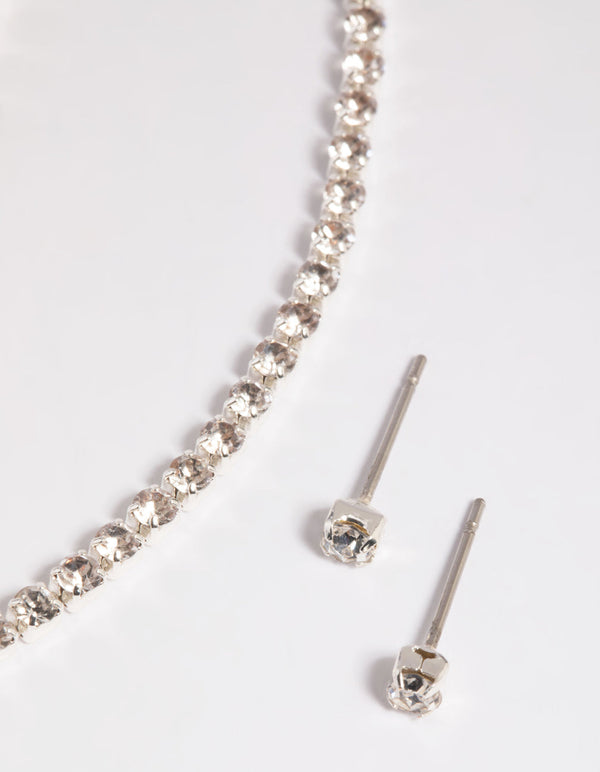 Silver Diamante Necklace Bracelet and Earrings Set