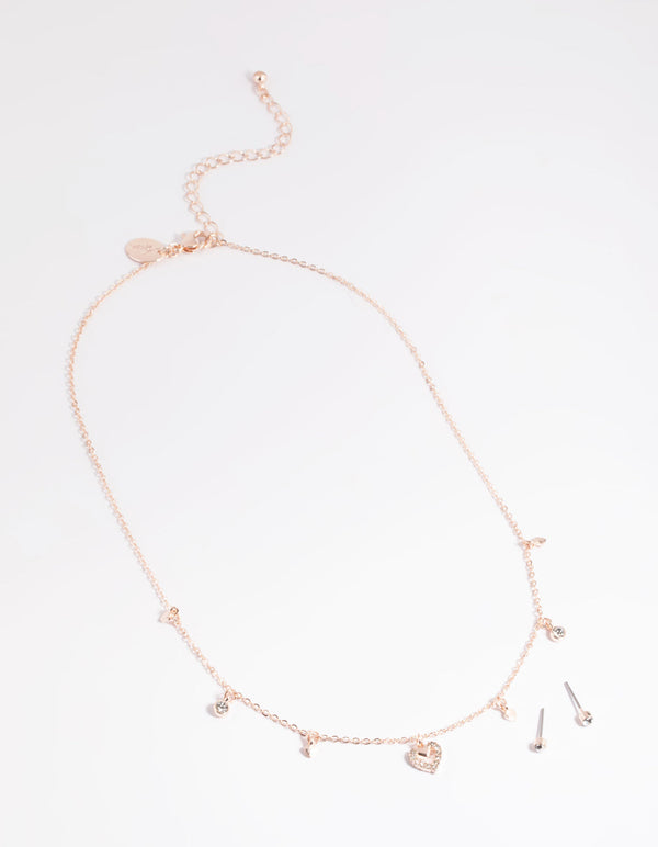 Rose Gold Heart Droplet Necklace and Earrings Set