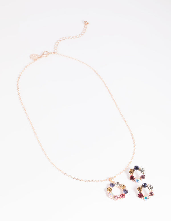 Rose Gold Circle Stone Necklace and Earrings Set
