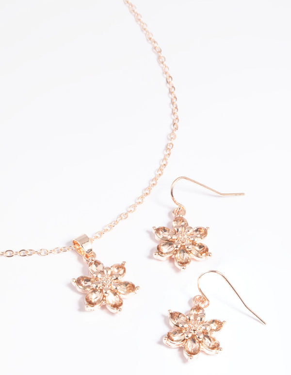 Pink Diamante Flower Necklace and Earrings Set
