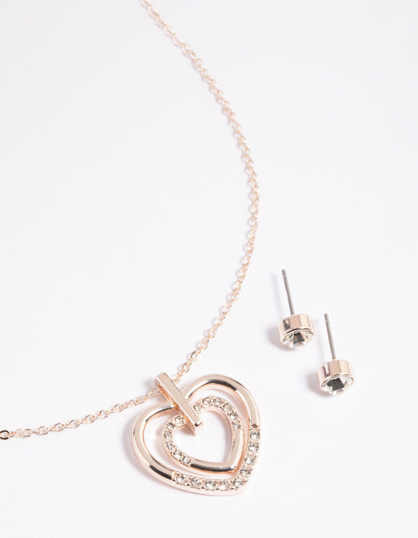 Rose Gold Heart Necklace and Earrings Set