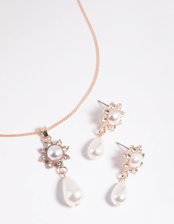 Rose Gold Pearl Flower Necklace and Earrings Set