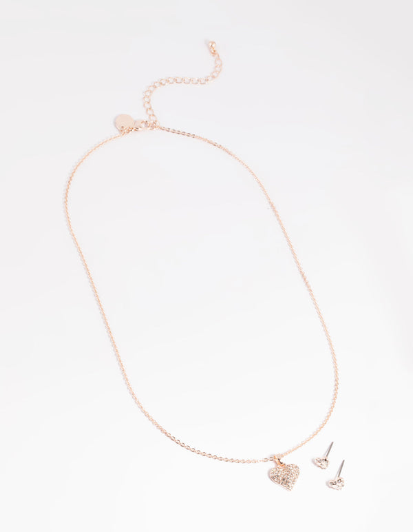 Rose Gold Pave Heart Necklace and Earrings Set