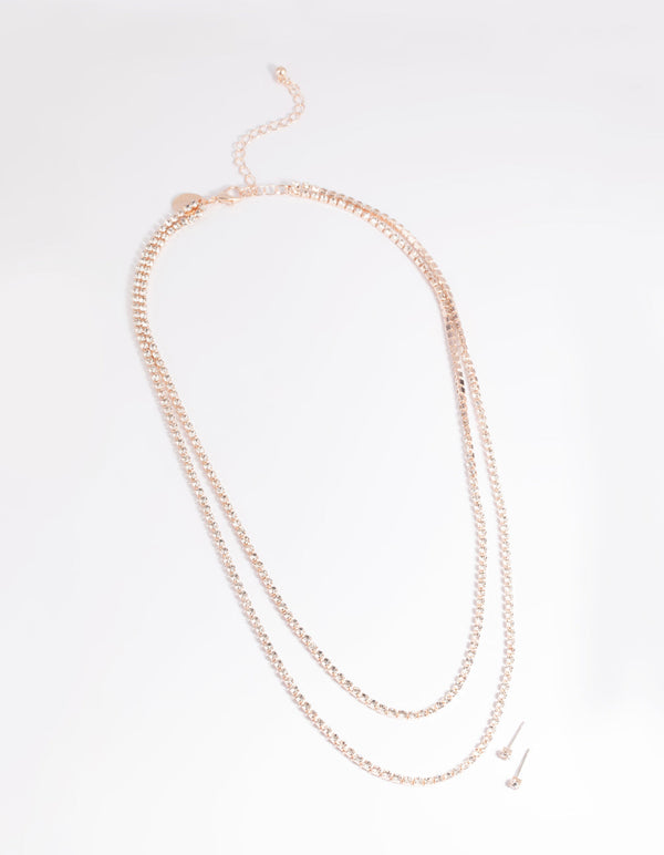 Rose Gold Diamante Layered Necklace and Earrings Set