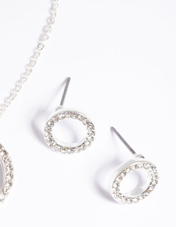 Silver Circle Diamante Necklace and Earrings Set