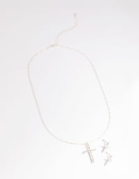 Silver Diamante Cross Necklace and Earrings Set - link has visual effect only