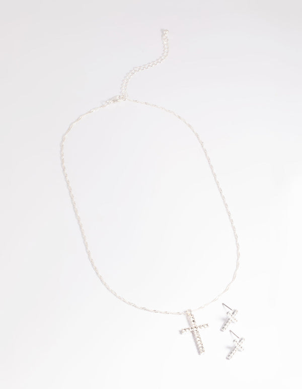 Silver Diamante Cross Necklace and Earrings Set