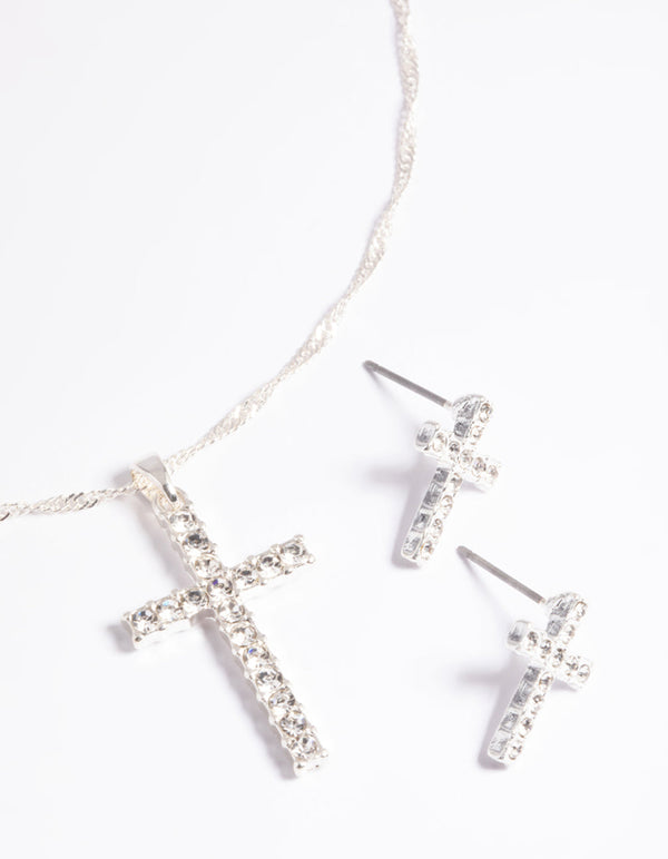 Silver Diamante Cross Necklace and Earrings Set