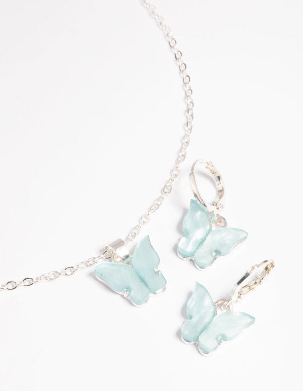 Blue Butterfly Necklace and Earrings Set