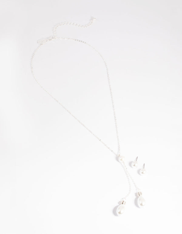 Silver Pearl Necklace and Earrings Set