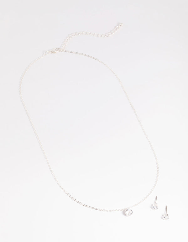 Silver Dainty Diamante Necklace and Earrings Set