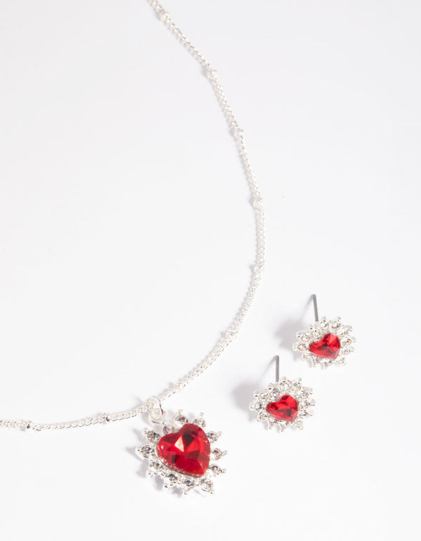 Red Heart Stone Necklace and Earrings Set