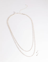 Silver Diamante Layered Necklace and Earrings Set - link has visual effect only