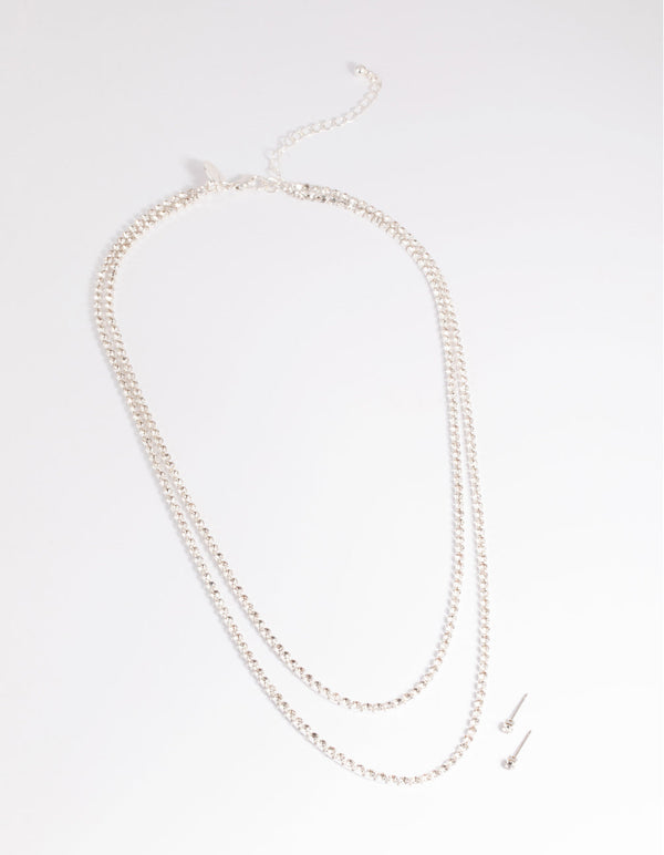 Silver Diamante Layered Necklace and Earrings Set