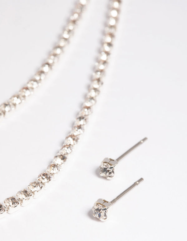 Silver Diamante Layered Necklace and Earrings Set