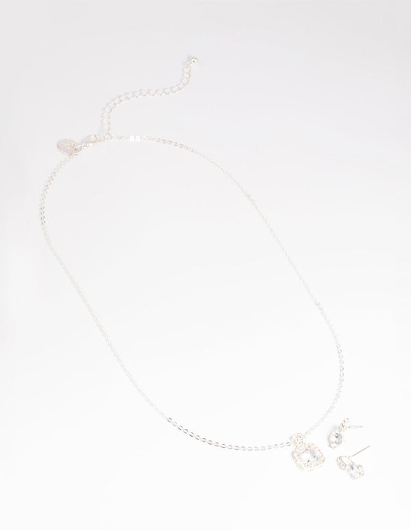 Silver Diamante Cushion Cut Necklace and Earrings Set