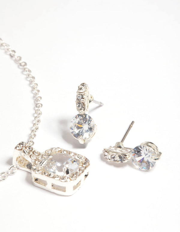 Silver Diamante Cushion Cut Necklace and Earrings Set