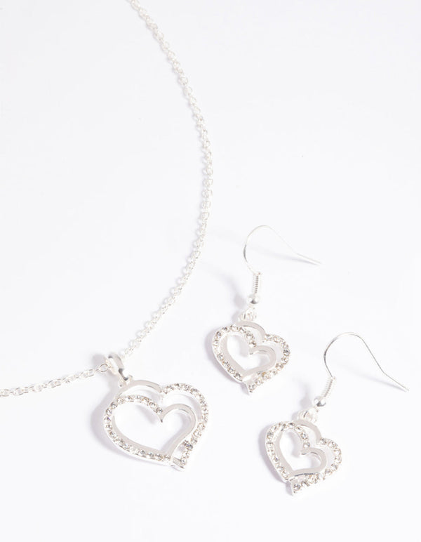 Silver Diamante Heart Necklace and Earrings Set