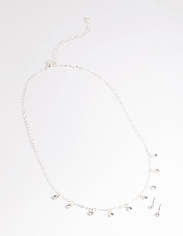 Silver Diamante Droplets Necklace and Earrings Set
