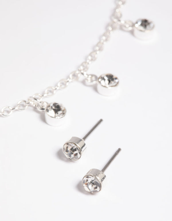 Silver Diamante Droplets Necklace and Earrings Set