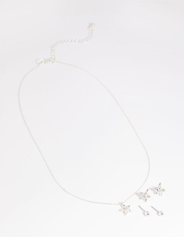 Silver Flower Necklace and Earrings Set