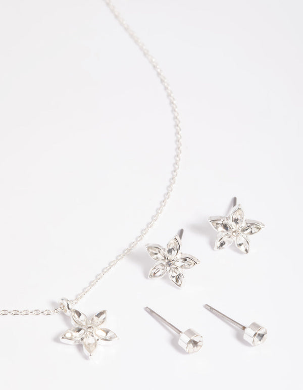 Silver Flower Necklace and Earrings Set