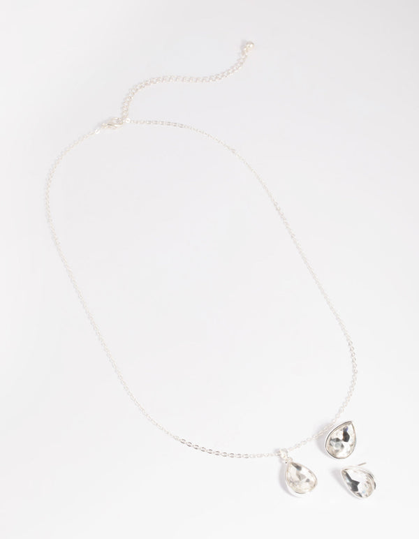 Silver Diamante Pear Necklace and Earrings Set