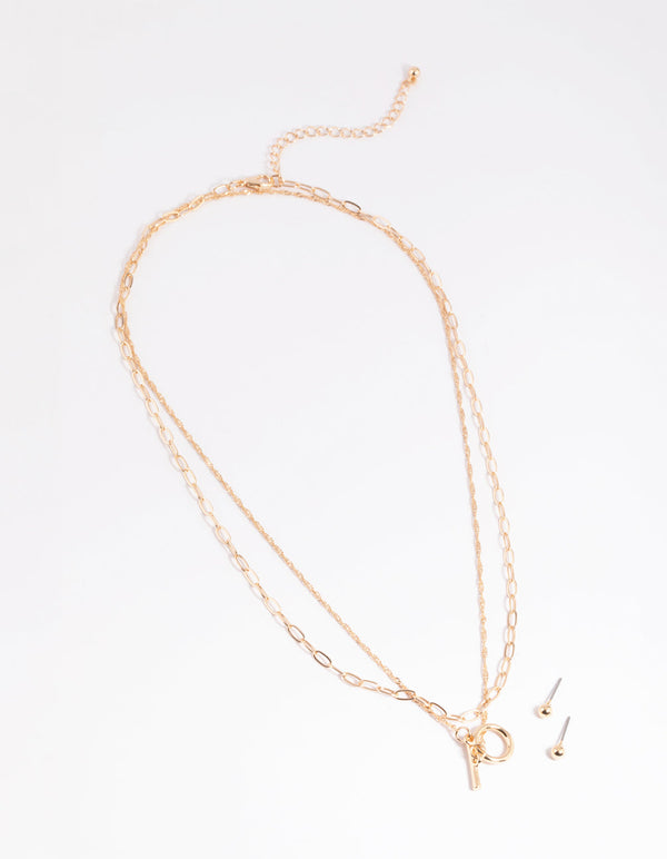 Gold Fob Necklace and Earrings Set