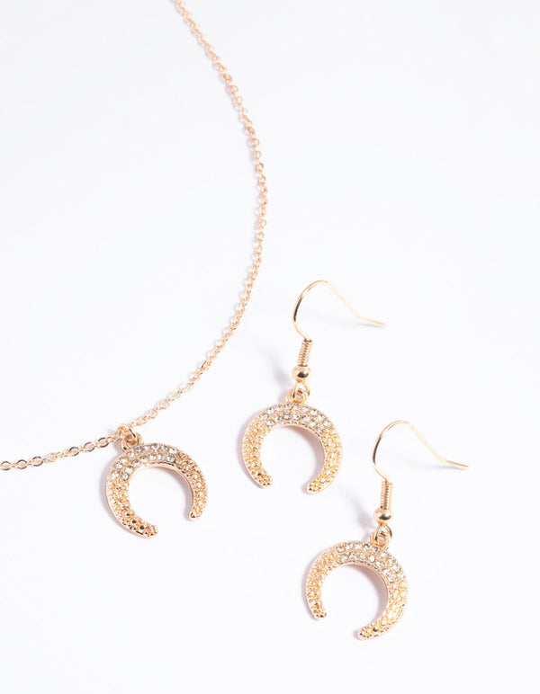 Gold Crescent Diamante Necklace and Earrings Set