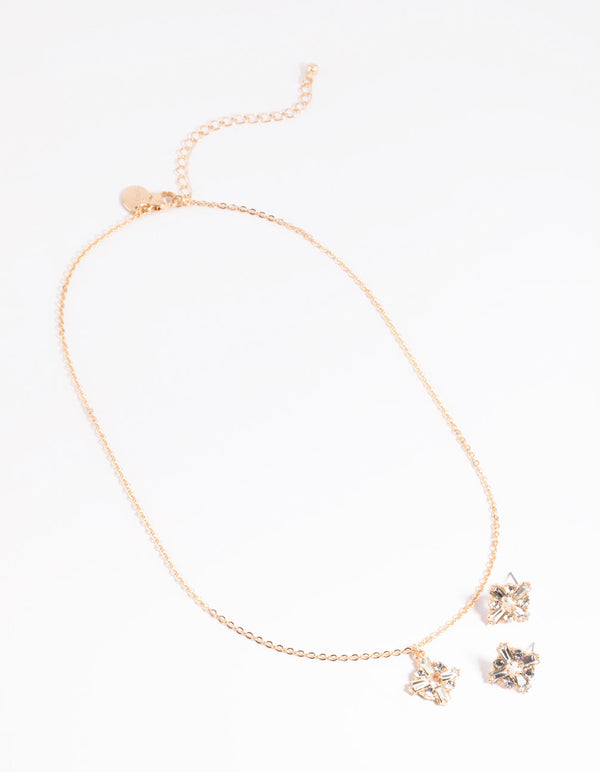 Gold Square Diamante Necklace and Earrings Set